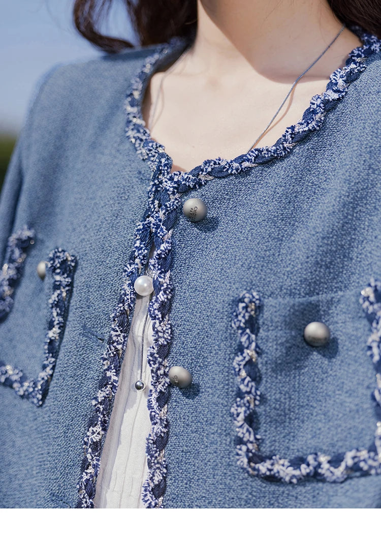 MISHOW Retro Fragrant Style Jacket for Women Spring 2025 Shoulder Pads Coarse Tweed Splicing Ribbon Blue Suit Coats MXE13W0705