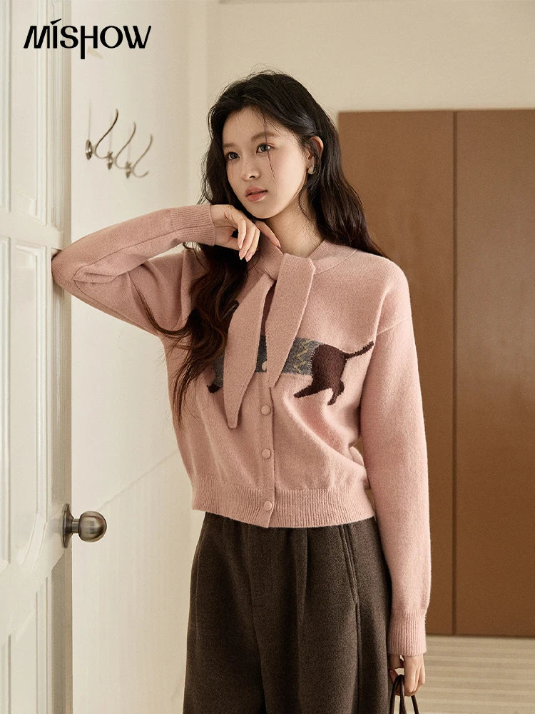 MISHOW Women's Pink Knit Cardigan 2025 Autumn Winter Dachshund Pattern Bow Collar Sweaters Single-breasted Loose Tops MXE94Z2997