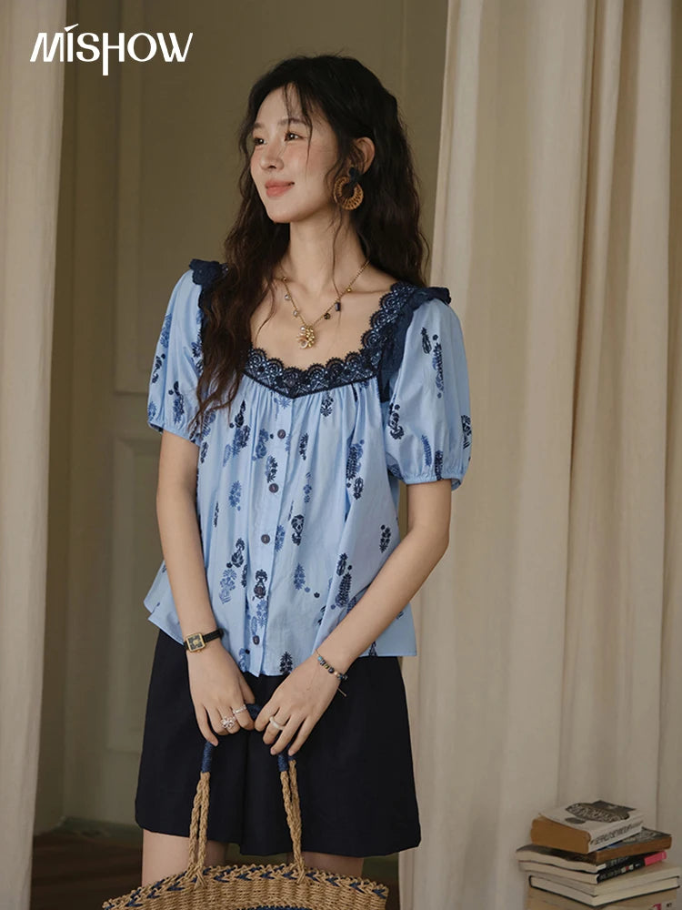 MISHOW Fashion Print Cotton Shirt for Women 2025 Summer New Puff Sleeve Lace Splicing Retro Blue Casual Button Top MXE35X1842