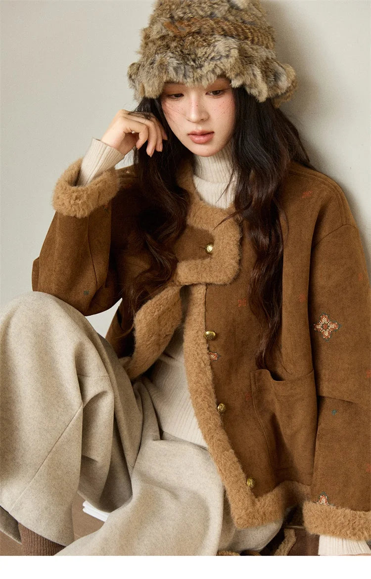 MISHOW Women Brown Jacket 2025 Winter Retro Stand Collar Single-Breasted Windproof Coat Comfortable Long-Sleeve Coat MXE86W0910