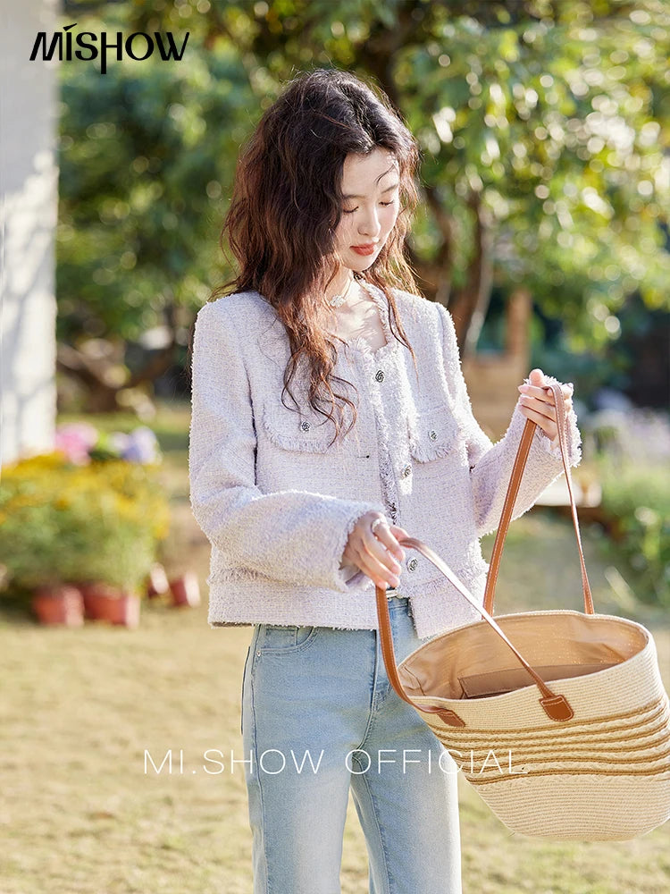 MISHOW Tassel Fragrant Coat for Women 2025 Spring Rose Buckle Weave Short Coats Elegant Square Neck Straight Coats MXE13W0733