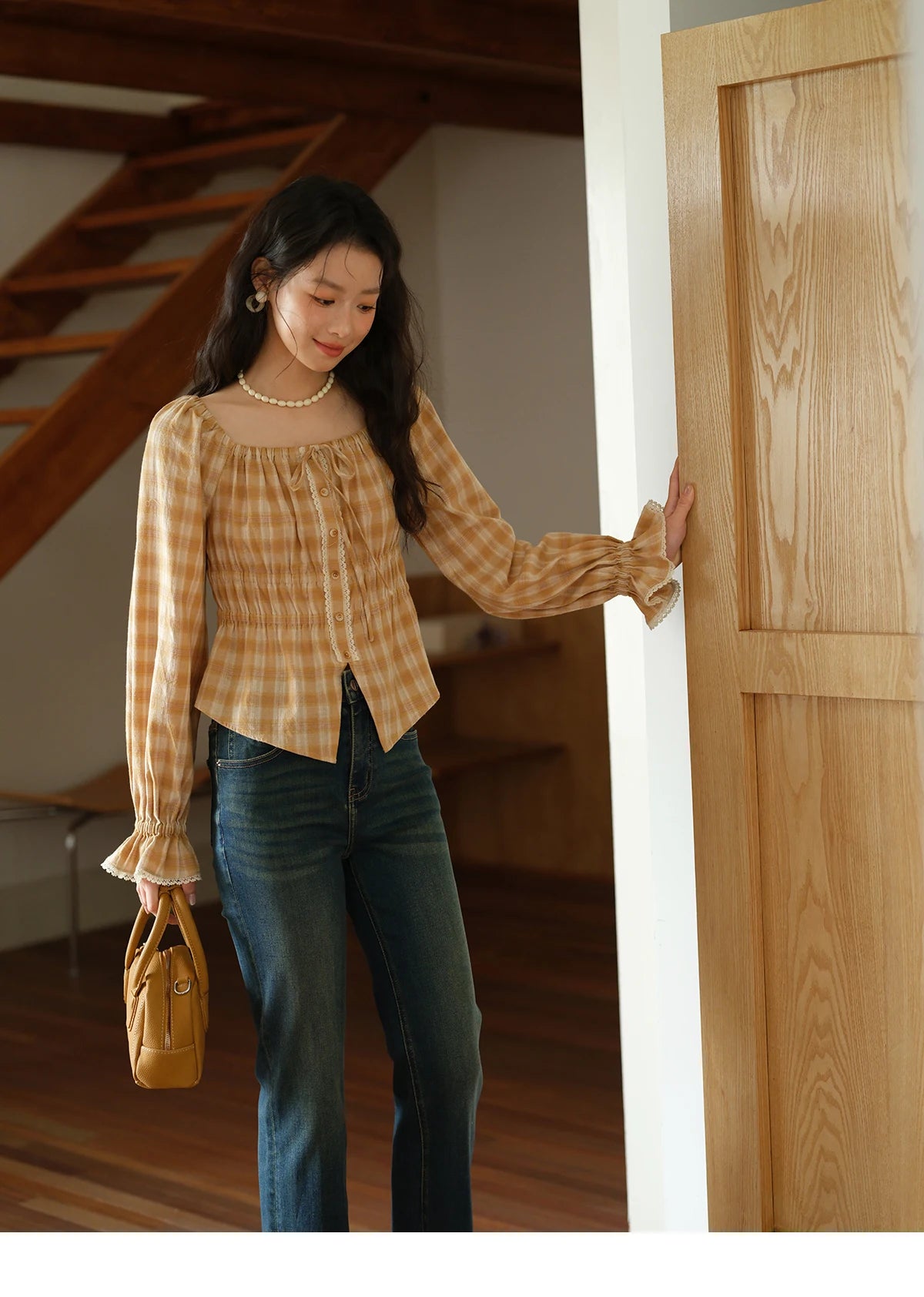 MISHOW Yellow Plaid Blouse for Women 2025 Autumn Korean Waist Square Neck Top Cuff Patchwork Lace Puff Sleeve Blouses MXE43X1986