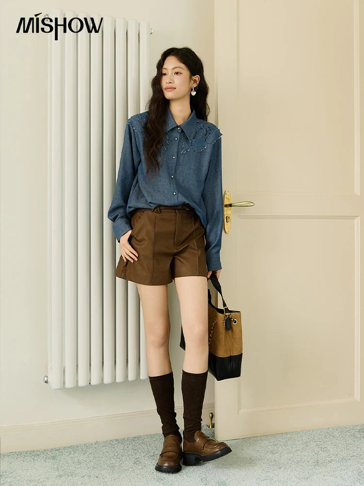 MISHOW Women's Blue Shirt Autumn 2025 Hollowed Out Patchwork Embroidery Tops Imitation Denim Fabric Loose Retro Shirt MXE46C2410