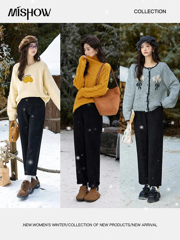 MISHOW Corduroy Pants High Waist Straight Pants Pocket Design Velvet Inside Comfortable Touch Slim Fit Office Lady MXD55K0813