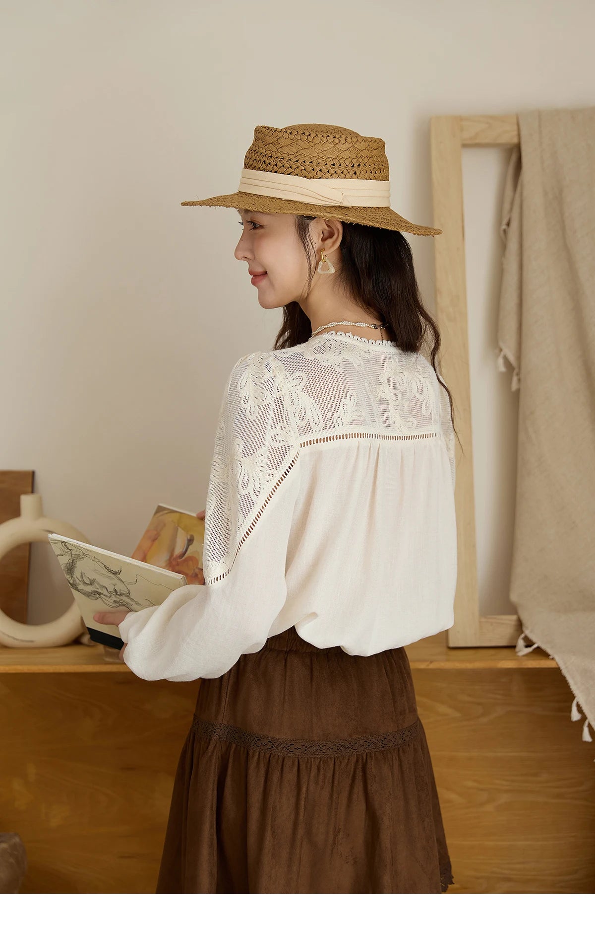 MISHOW Women's Beige Hollow Out Embroidery Shirt Autumn French Elegant Long Sleeve O-Neck Shirts Retro Commute Tops MXE44X2498