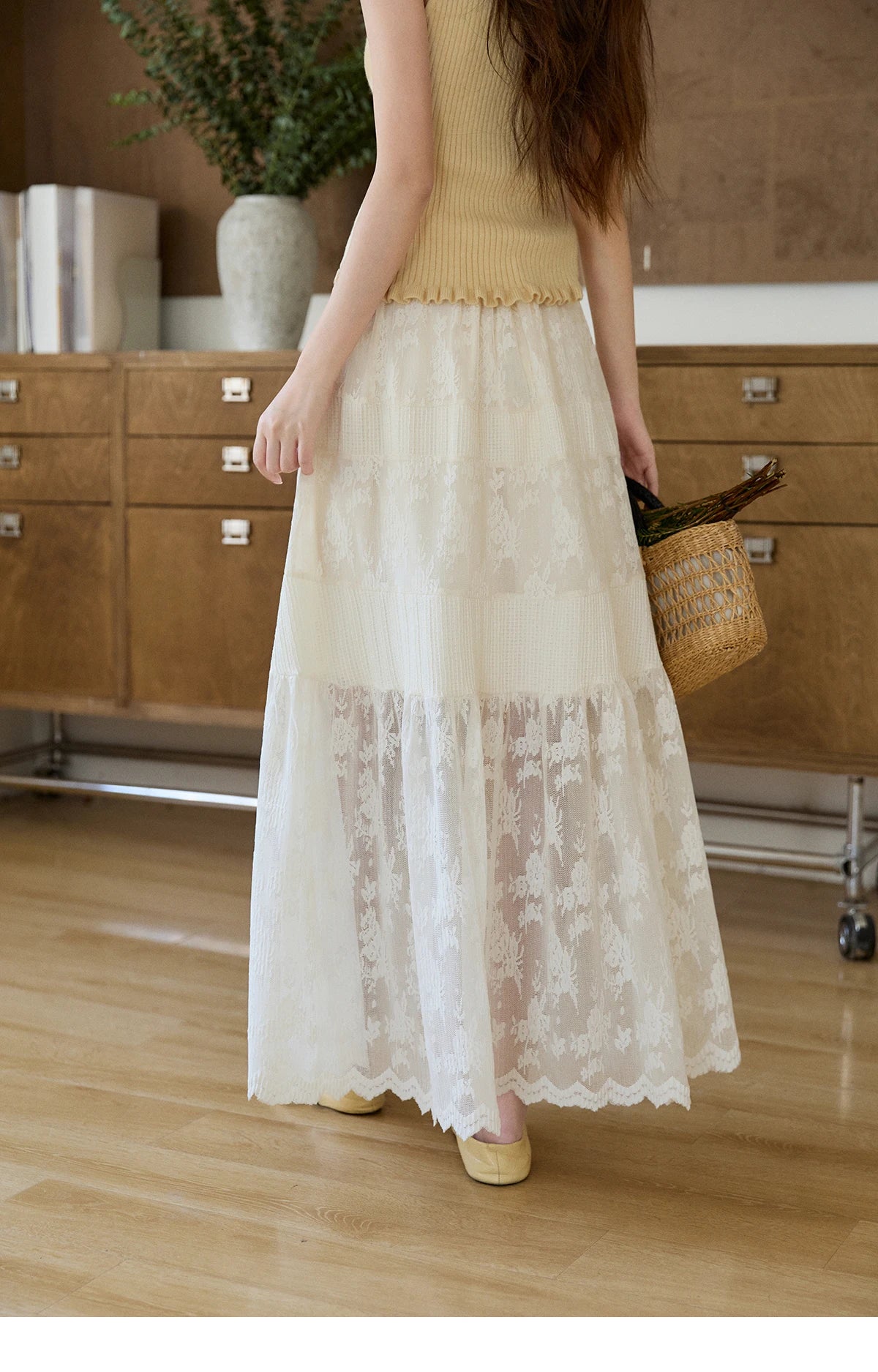 MISHOW Women's Cream Lace Maxi Skirt 2026 Spring Summer Floral Embroidery Tiered Ruffled High Waist Casual Long Skirt MXF11B2462