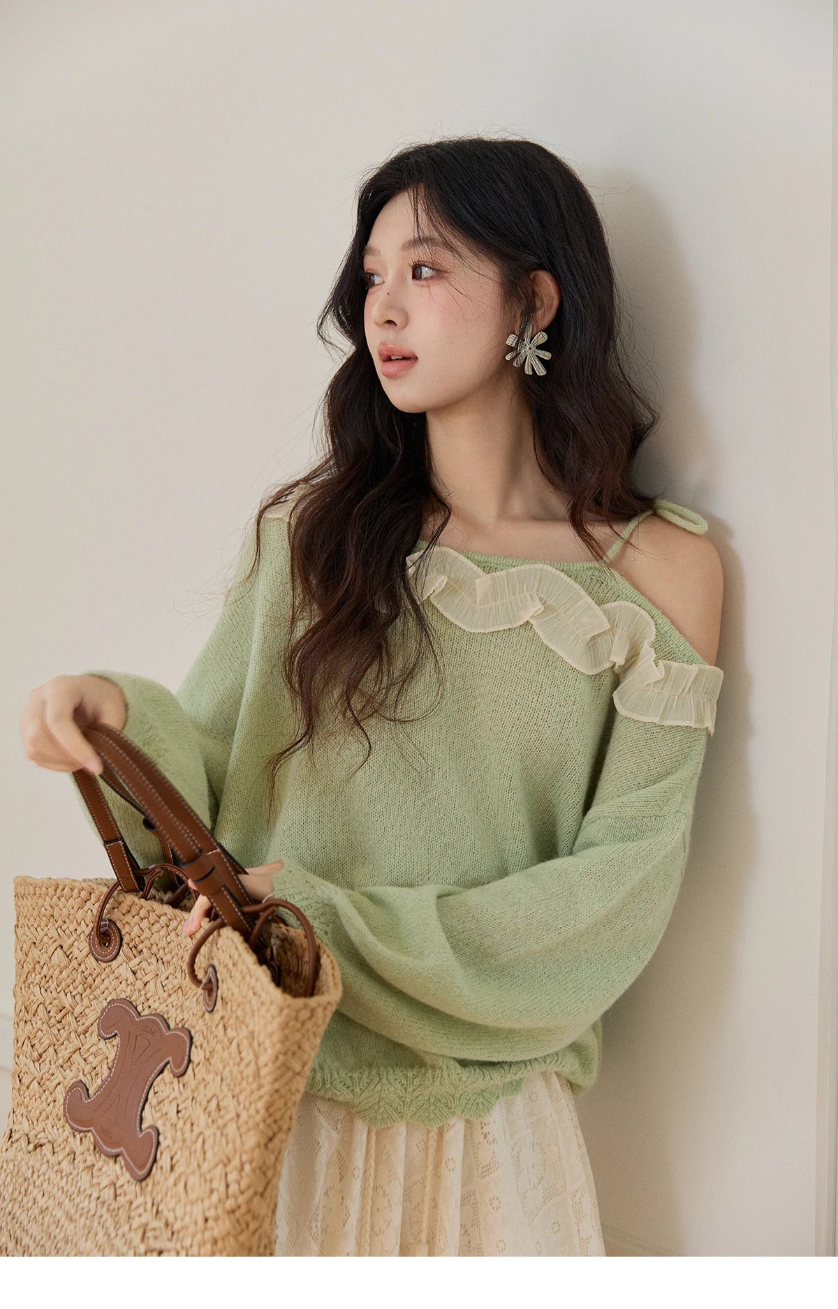 MISHOW Women's Light Green Knit Sweater 2026 Spring Asymmetrical Side Exposed Shoulder Tops Ruffled Casual Loose Top MXF108Z1027