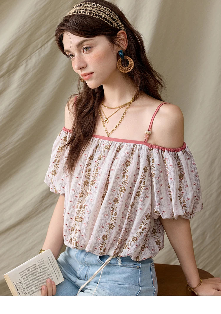 MISHOW French Summer Blouses Women New 2025 One-shoulder Floral Short Sleeve Contrast Color Shirts Woman Fashion MXE31X1767