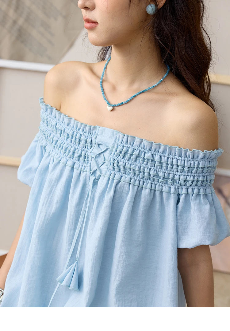 MISHOW Mist Blue One Shoulder Blouse Summer 2025 Elastic Pleated Flower Bud Sleeves Doll Blouses Cotton Blend Top MXE34X1796