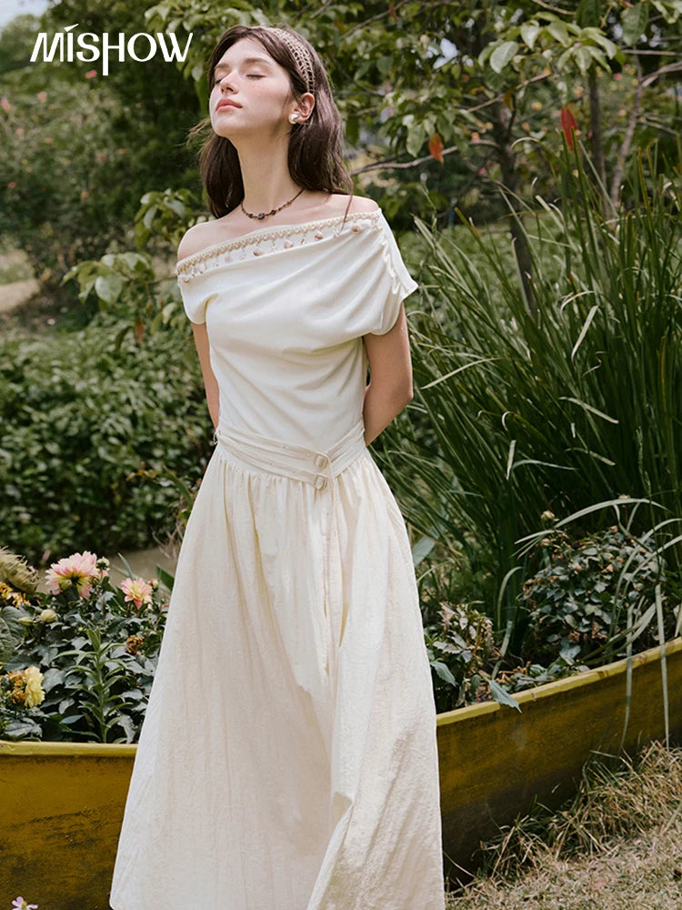 MISHOW Holiday Summer Dresses Women 2025 New Short Sleeve Shell Webbing Oblique Collar Slim Midi Dress Female Fashion MXE31L2189