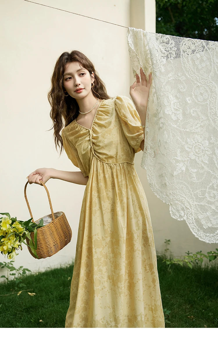 MISHOW Tea Break V-neck Dress for Women 2024 Summer French Temperament Chiffon Floral Puff Sleeve Waist Long Dresses MXD23L1878