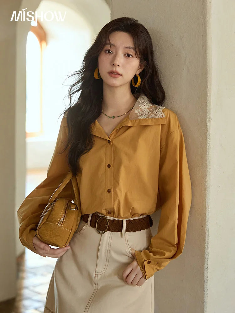 MISHOW Autumn Solid Cotton Shirt Autumn V-neck Double-layer Lace Retro Design Shirts Single Breasted Tops Office Lady MXE41C2366