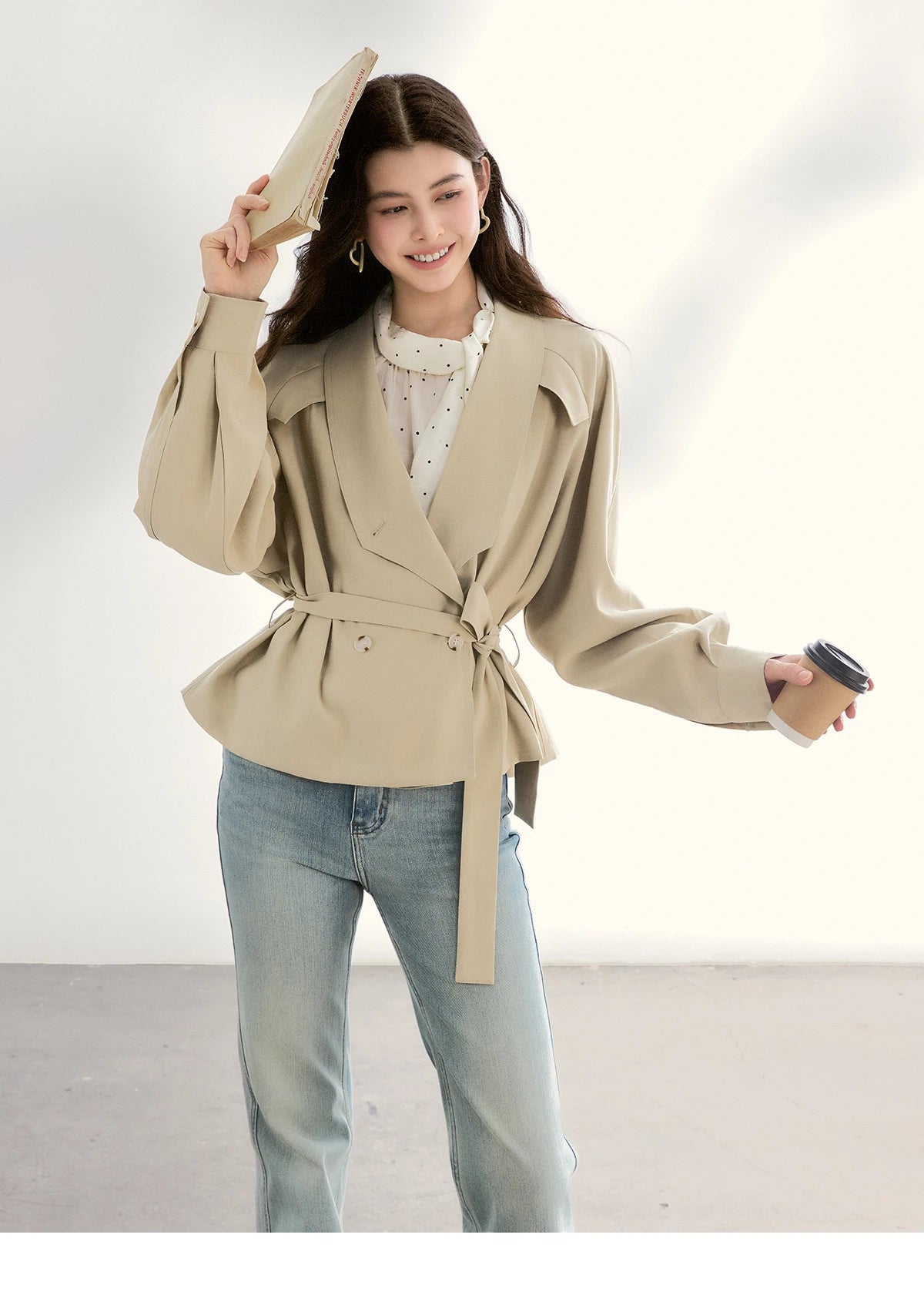 MISHOW Women's Khaki Belted Waist Coat 2026 Spring Lapel Double-breasted Coats female Casual Short Jacket Office Lady MXF13W1056