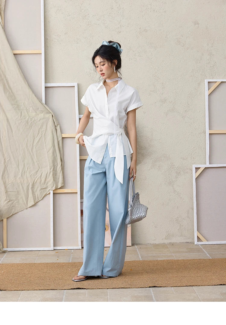 MISHOW Sea Salt Blue Wide Leg Pants 2025 Summer Contrasting Bead Belt Cotton Blend Trousers Slim Commuting Pants MXE35K0931