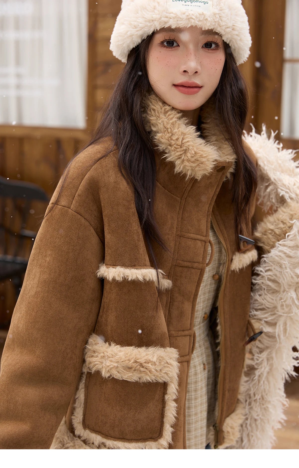 MISHOW Khaki Suede Jacket for Women 2025 Winter New Retro Stand Collar Zippered Jacket Pockets Long Sleeves Top MXE88W0886