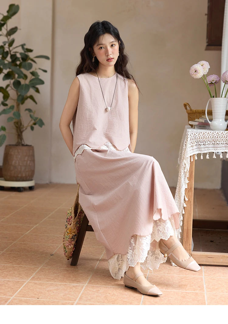 MISHOW Set 2 Piece 2025 Summer Women's O-Neck Lace Patchwork Sleeveless Top Elastic Waist Midi Skirt Elegnat Set MXE36T0641