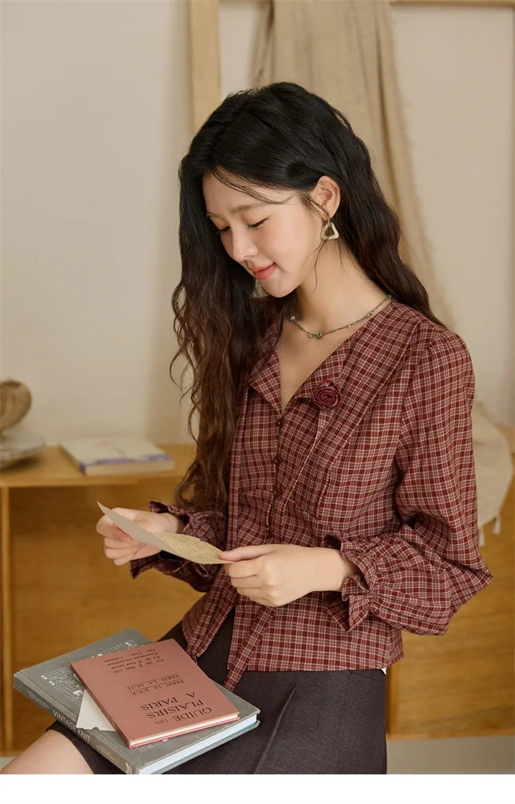 MISHOW Women's Red Tied Plaid Shirt 2025 Autumn New Arrival Sweet 3D Floral Turn-Down Collar Long-Sleeve Blouse Women MXE45X2481