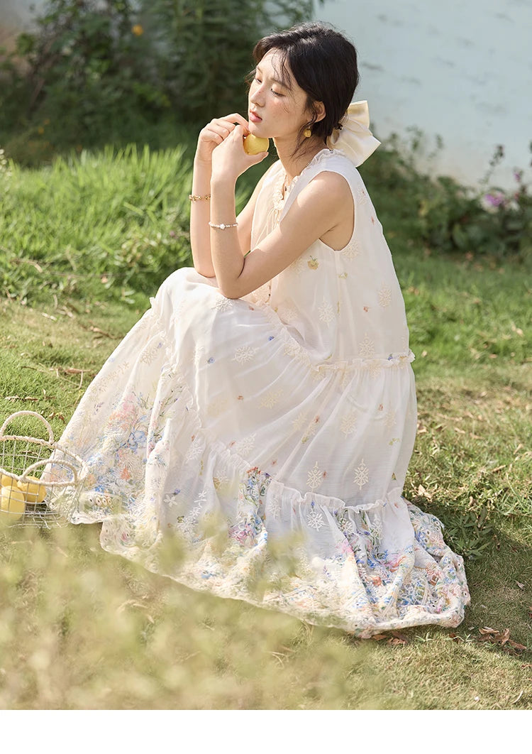 MISHOW Women's Fashion Sleeveless Print Dress 2025 Summer New Mushroom Edge O-Neck Lace Up Tassels Loose Midi Dresses MXE36L2253