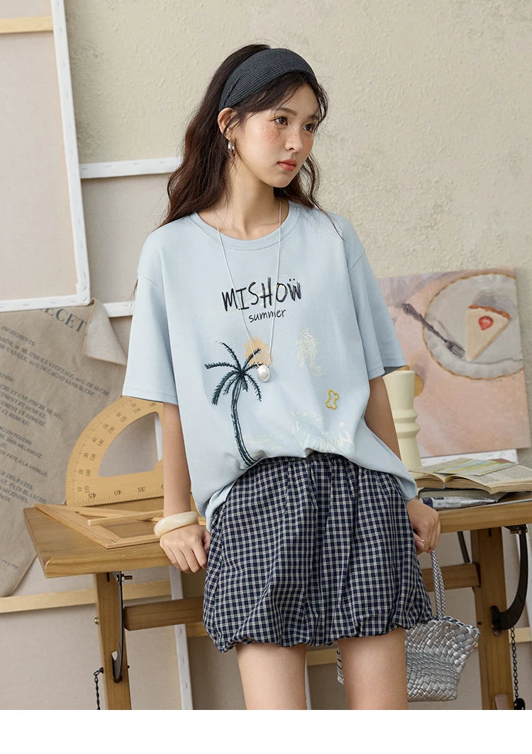 MISHOW Casual Print T-shirts Women 2025 Summer New Short Sleeve Round Neck Coconut Tree Pattern Shirt Woman Holiday MXE31T0516