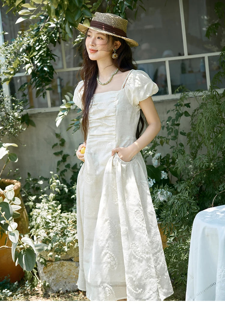 MISHOW Women's Puff Sleeve Dress 2025 Summer Fashion Paisley Embroidery Lady Pocket Dresses Vacation Women's Clothing MXE34L2265