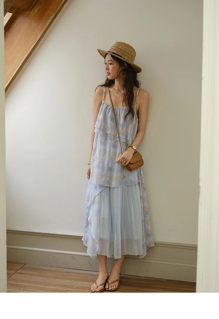 MISHOW Fashion Print Strap Dress for Women 2025 Summer New Multi Layer Ruffle Edge Splicing Sleeveless Midi Dresses MXE35L2233