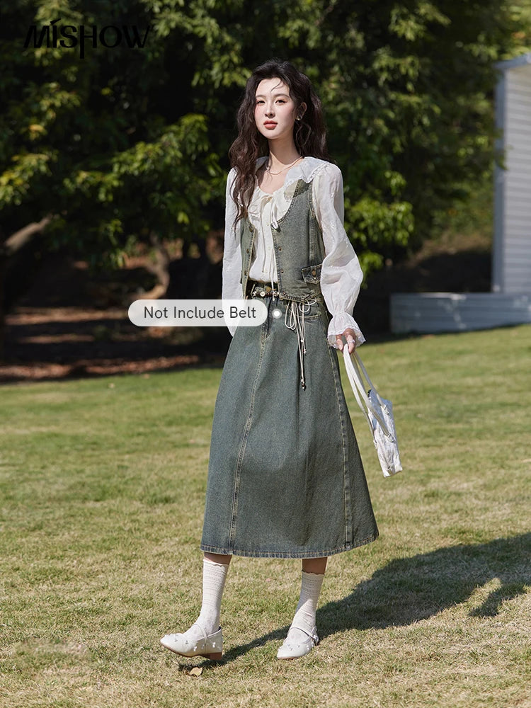 MISHOW Denim Vest Coat Midi Skirt Separately for Women Spring 2025 Korean Retro Washed Cotton Coat Slim A-line Skirt MXE13W0731