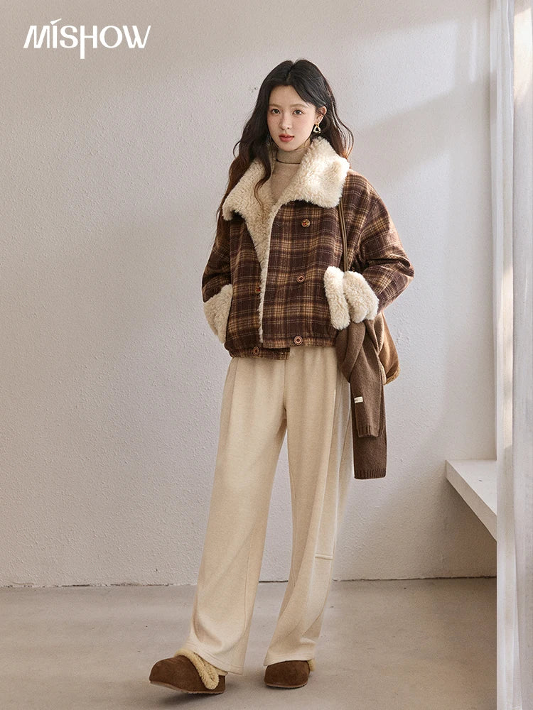 MISHOW Christmas Women's Retro Plaid Jacket 2025 Winter Large Lapel Tops Thickened Cotton-Padded Warm Short Coat MXE87W1004