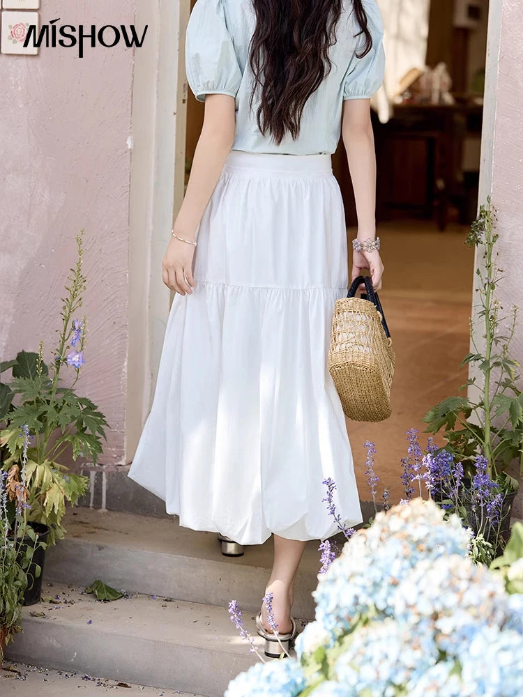 MISHOW Sea Salt White Double Layered Waist Skirt 2025 Summer Flower Bud Skirt Shell Button Versatile A-line Skirts MXE32B0715