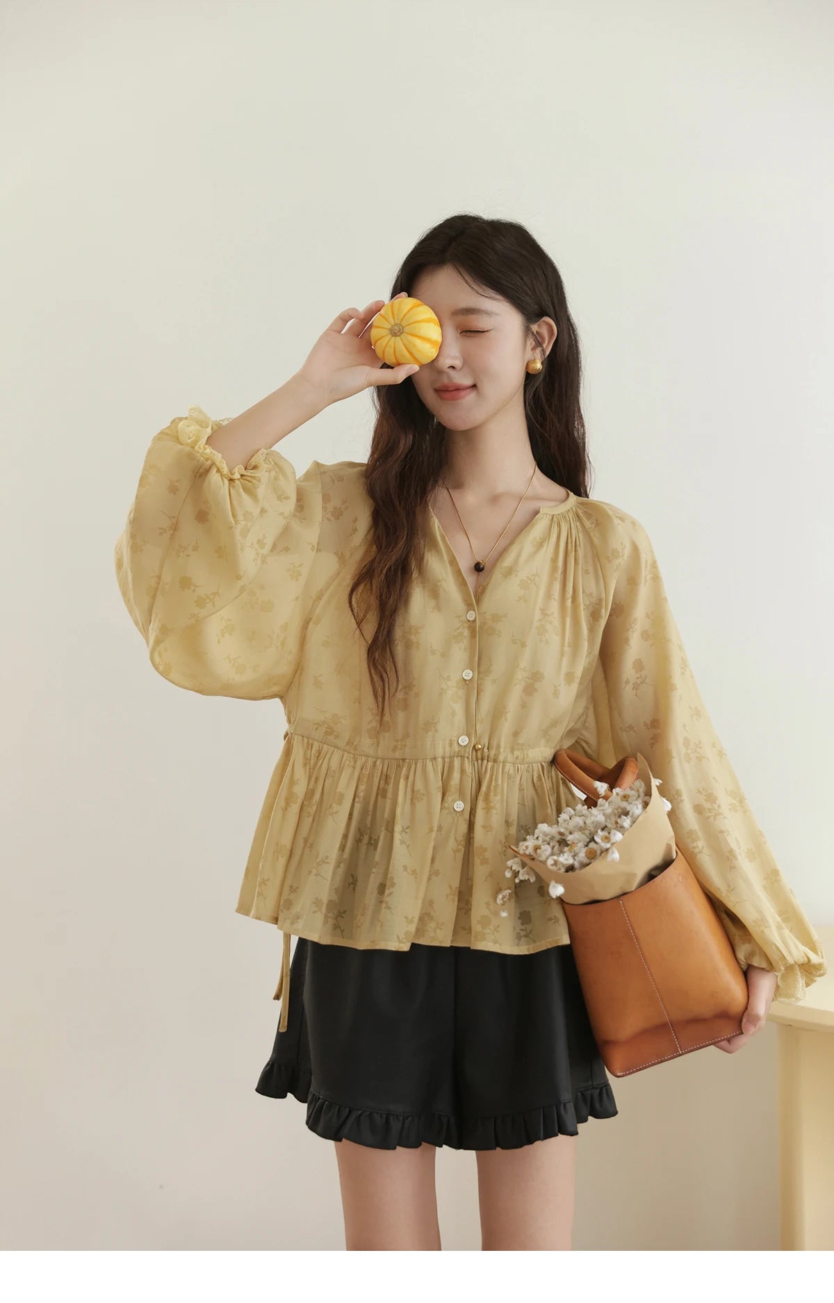MISHOW Elegant Woman Shirt 2025 Autumn Yellow Printing Lantern Sleeves Shirt Commute Drawstring Waist Lace Trim Top MXE45X2499