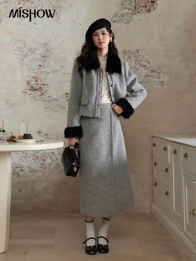 MISHOW Short Tweed Jacket Temperament Midi Skirts Separately Color Clash Lace Design Winter Skirt Thickened Coat MXD54W0553