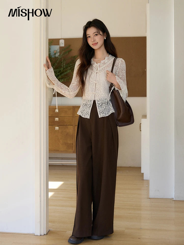 MISHOW Women's Sweet Lace Top Camisole Set Spring Tie Front Flare Sleeve Sheer Casual Elegant Two-Piece Knitwear MXF108X1001