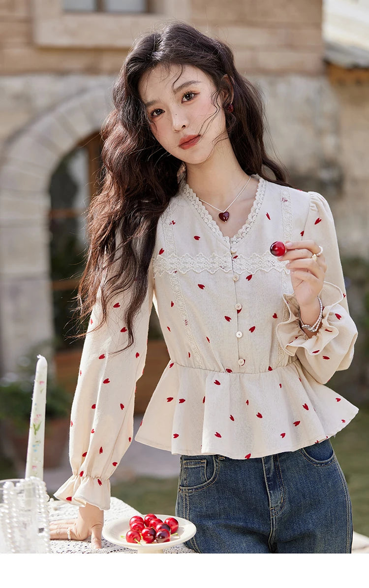 MISHOW Women's Love Embroidered V-neck Blouses 2025 Spring Linen Cotton Retro Slim Tops Sweet Waist Ruffle Blouse MXE13X1700