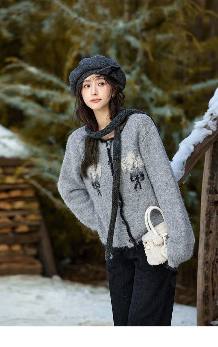 MISHOW Wool Blend Knitted Cardigan Pure Bouquet Embroidery Sweater Women Color Clash Design Soft Warm Regular Fit Top MXD54Z0951