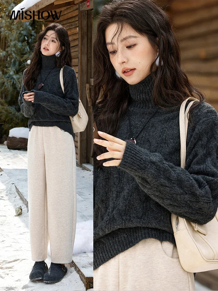 MISHOW Turtleneck Texture Solid Sweater Soft Warm Coat Winter Women Clothes Versatile Temperament Tops Office Lady MXD57Z1090