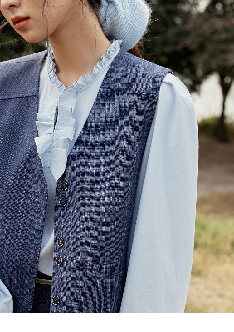 MISHOW Women's V-neck Vest Coat Pleated Skirt Set Spring 2025 Symmetric Fake Pocket Coat A-line Skirts (No with Belt) MXE31T0505