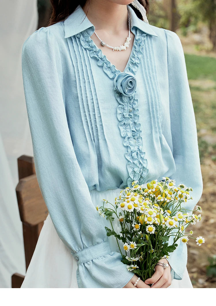 MISHOW Spring New Blouses for Women 2025 V-neck Long Flare Sleeve Solid Shirts Female Fashion Straight Tops Woman MXE14X1730