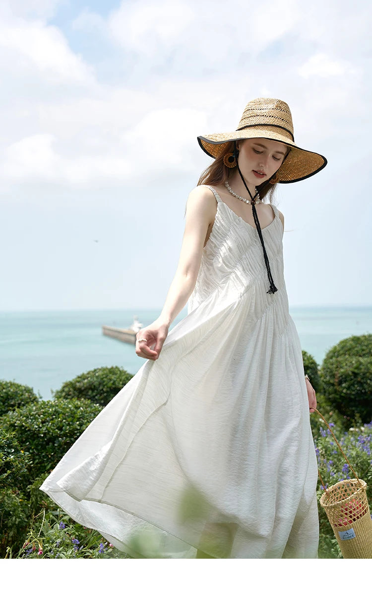 MISHOW French Retro Pleated Upper Suspender Dress for Women 2024 Summer Vacation Sleeveless Solid Mid Length Dresses MXD26L1939