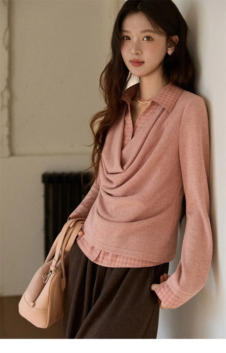 MISHOW Women Knit Top 2025 Winter Faux Two-piece Pullovers Retro Plaid Patchwork Draped Collar Luxury Design Pink Top MXE87Z2747