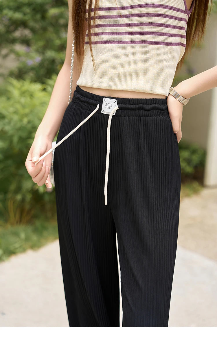 MISHOW Casual Pants for Women 2023 Summer Solid High Waist Slim Straight Elastic Waist Trousers Ankle-Length Pants MXC33K0069