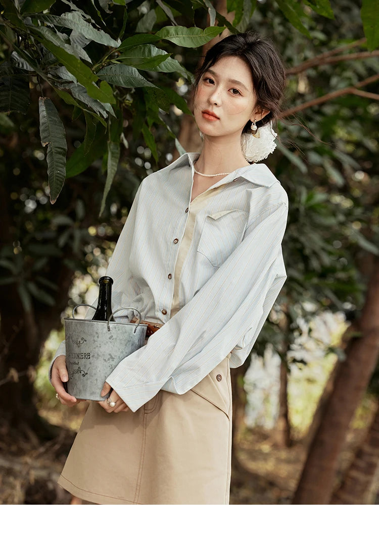 MISHOW Light Blue Striped Shirt for Women Spring 2025 Contrast Color Placket Shirt 100 Cotton Polo Neck Commuting Top MXE15C0762