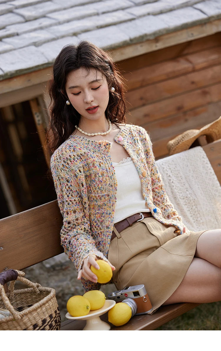 MISHOW Women's Sweet Woven Hollow Knitted Cardigan 2025 Spring Rainbow Button Single Breasted Top O-neck Cardigan MXE13Z1110