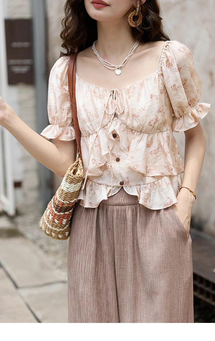 MISHOW French Floral Print Square Neck Shirt for Women 2025 Summer Bubble Sleeve Patchwork Double-layer Ruffle Tops MXD30X1565