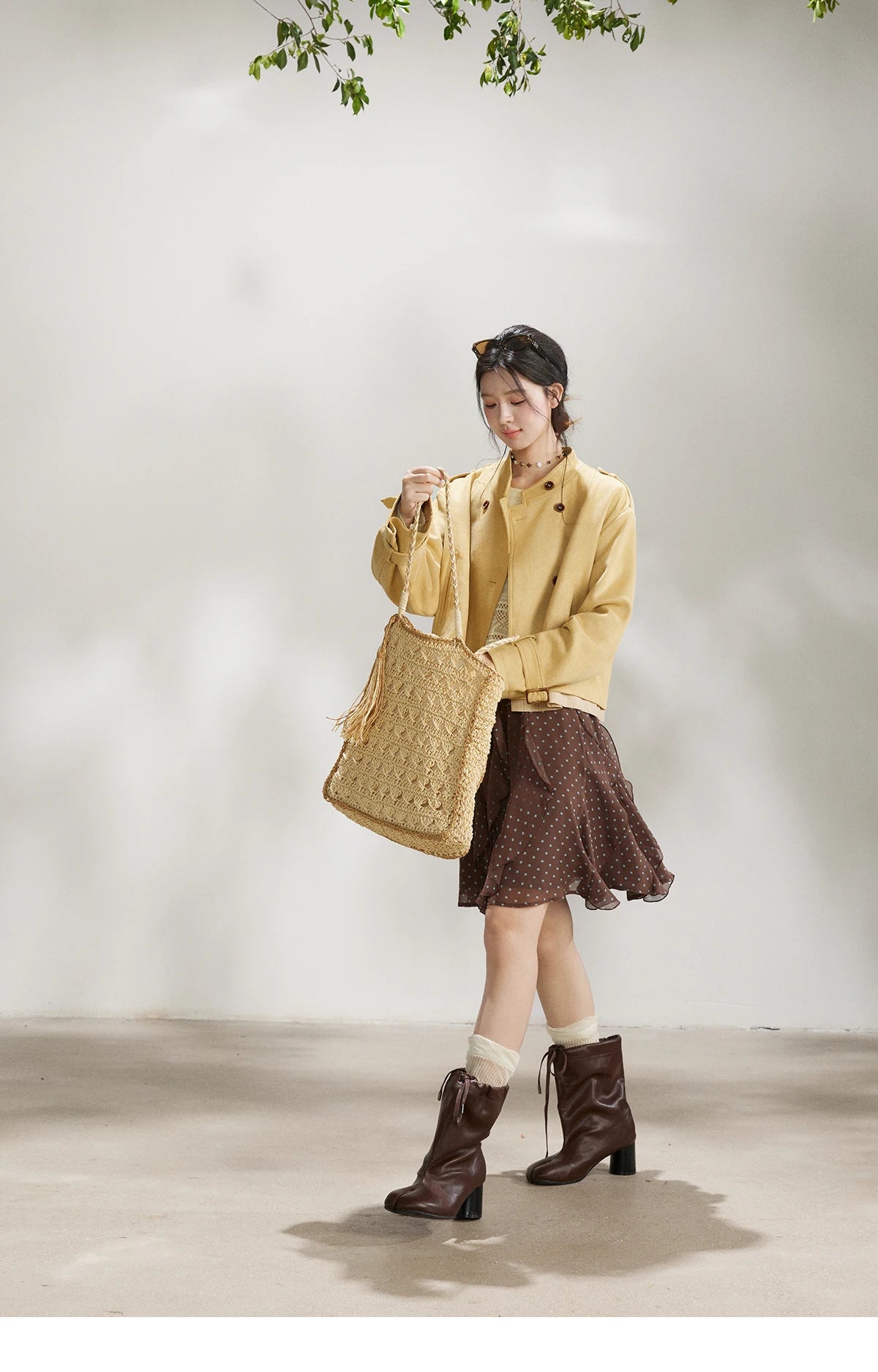 MISHOW Women's Yellow Double-Breasted Trench Stand Collar Coat Adjustable Cuffs Splicing Striped Hem Casual Outerwear MXF11W1026