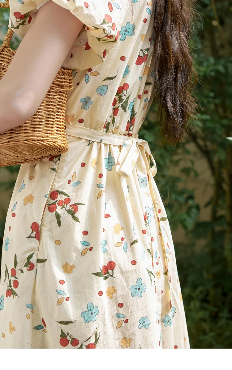 MISHOW French 100 Cotton Floral V-neck Dress Women 2025 Summer Bubble Sleeve Drawstring Lace-up Temperament Dresses MXD30L1868