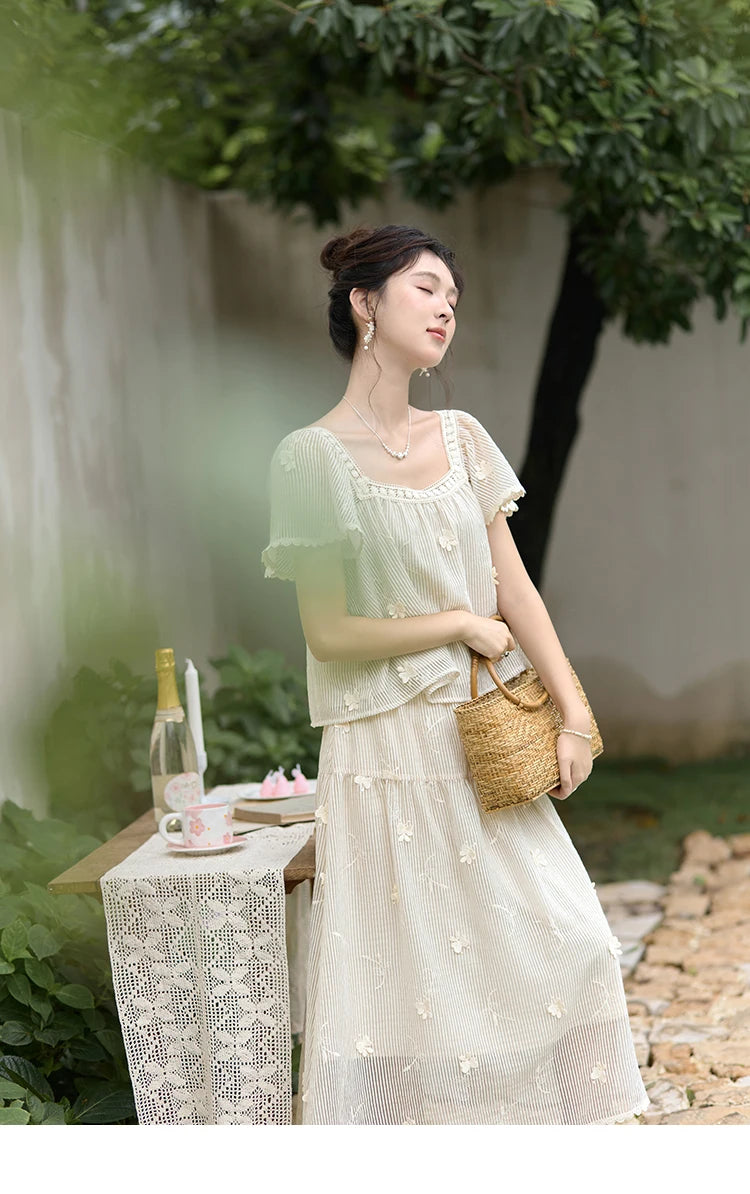 MISHOW Elegant Butterfly Flying Sleeve Blouses Elastic Waist Skirt Separately Summer Back Lace-up Top Midi Skirts MXD29X1559