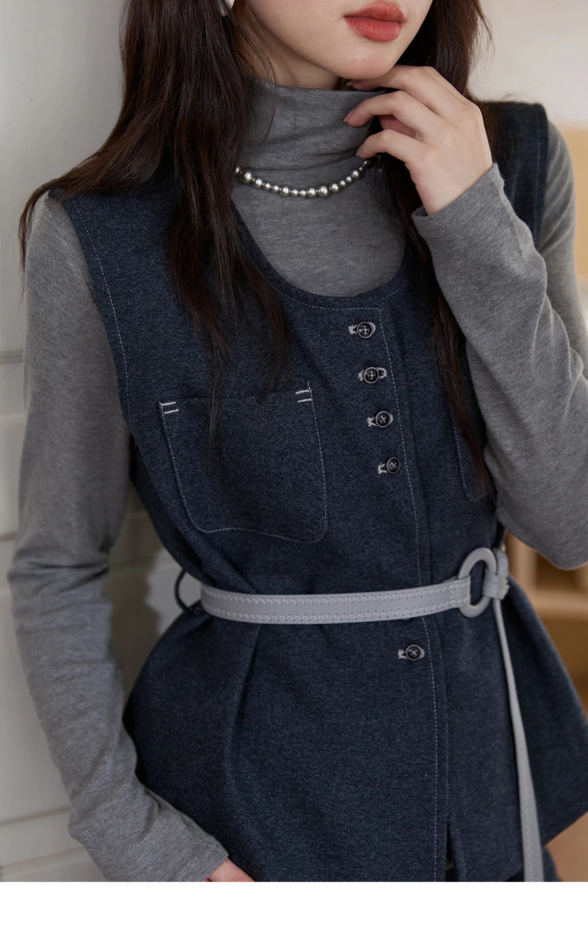 MISHOW Blue Three-piece Suit for Women 2025 Autumn Sleeveless Vest Straight Midi Skirt Slim Knit Tops Skirt Set  MXE49T1421