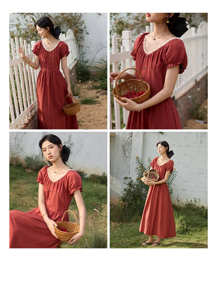 MISHOW French Summer Dress Women New 2025 Puff Short Sleeve Lace Neck Slimming Long Dresses Female Fashion Elegant MXE35L2297