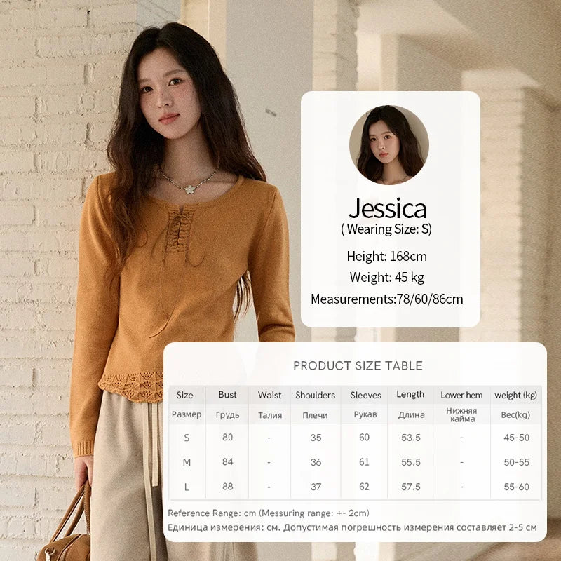 MISHOW Woman Beige Knit Top 2025 Winter Contrast Color French Style Hem Hollow Crochet Sweater Slim Long Sleeves Top MXE89Z2634