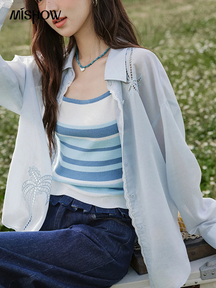 MISHOW Blue Office Lady Shirts Women 2025 Summer New Round Neck Long Sleeve Hollow Embroidery Blouses Female Fashion MXE31C0775