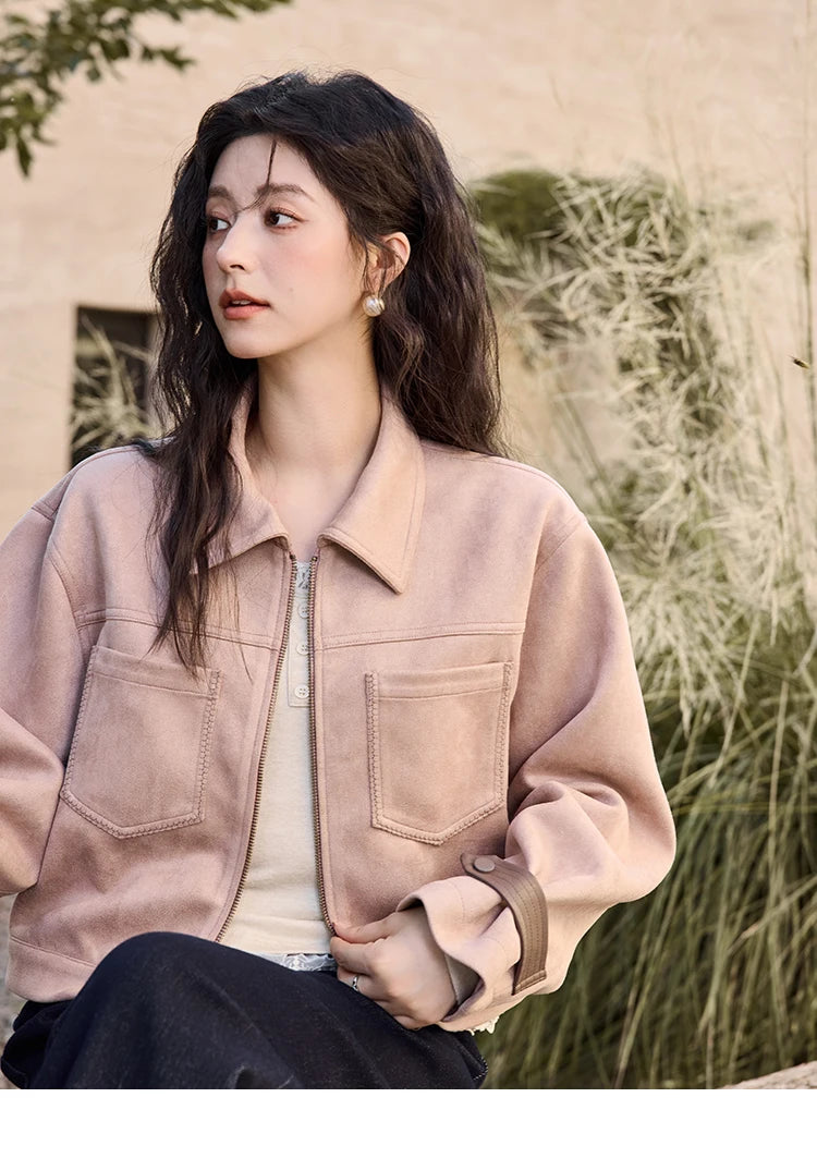 MISHOW Suede Symmetric Pocket Jacket American Vintage Zipper Short Outwear 2024 Winter Sweet Slim Lapel French Jacket MXD48W0478